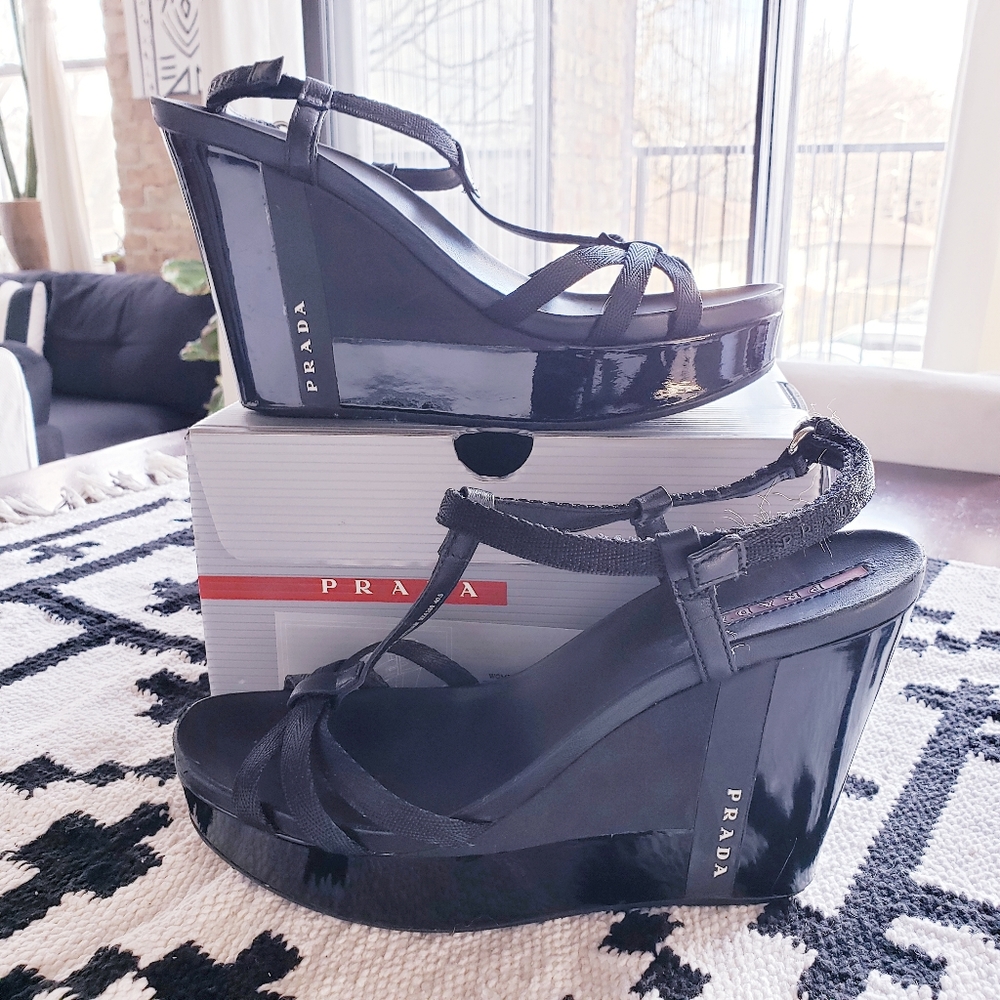 Prada Patent Leather Wedge Sandals - Picture 2 of 3